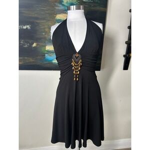 BCBG Paris Halter Dress XS Black Beaded Tassel Stone Brooch y2k boho gem